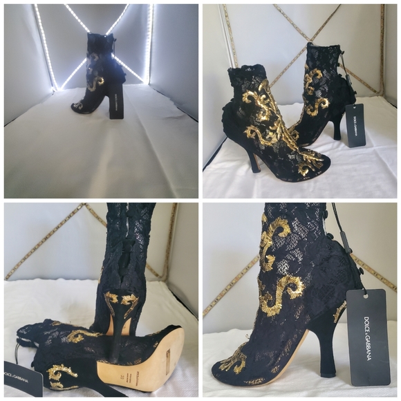 GORGEOUS DOLCE & GABBANA BLACK AND GOLD LACE DRESS BOOT - Picture 3 of 4